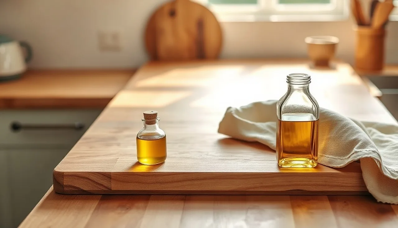Oiled maple butcher block countertop with mineral oil and cloth beside it