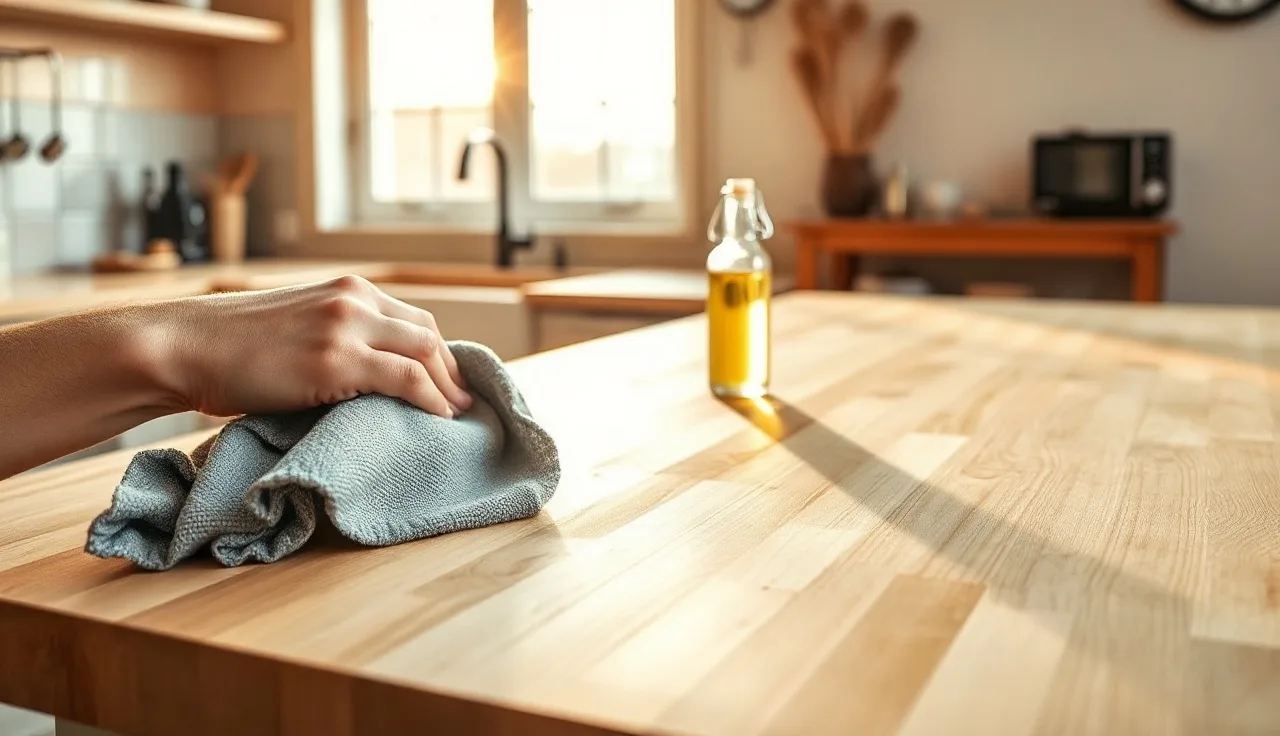 Hands rubbing clear mineral oil into a maple butcher block countertop with a cloth
