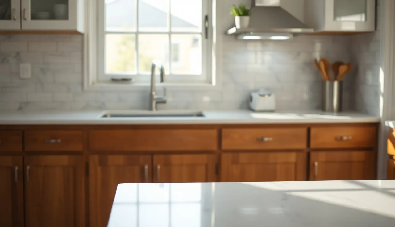 White laminate Formica countertop with matte marble pattern in a bright kitchen