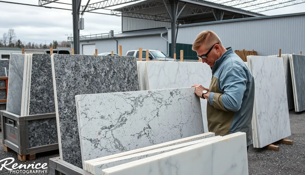 Stone fabrication yard with granite and marble slabs in outdoor storage crates