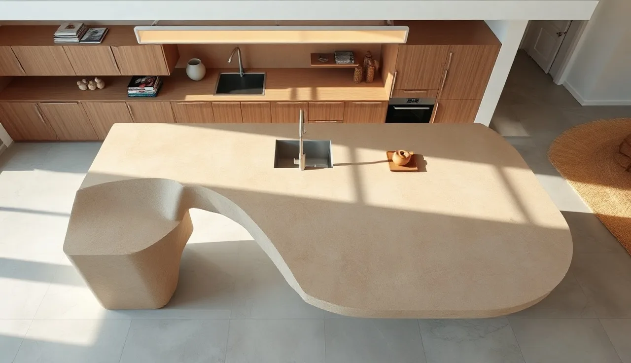 Large sintered stone kitchen island with leathered greige finish in morning light