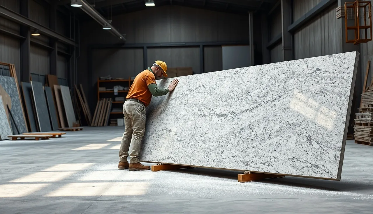 Workers cutting a granite slab on a bridge saw in a stone fabrication shop