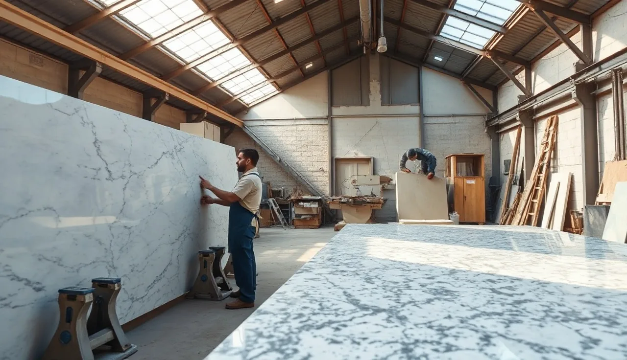 Workers inspecting a polished granite slab inside a stone fabrication shop