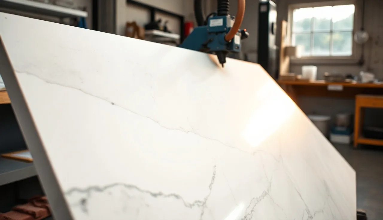 Icy white quartzite slab with grey veining being cut on a CNC fabrication machine