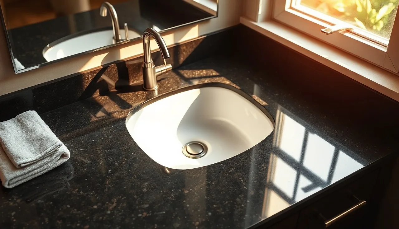 Dark granite bathroom countertop with undermount sink in morning light