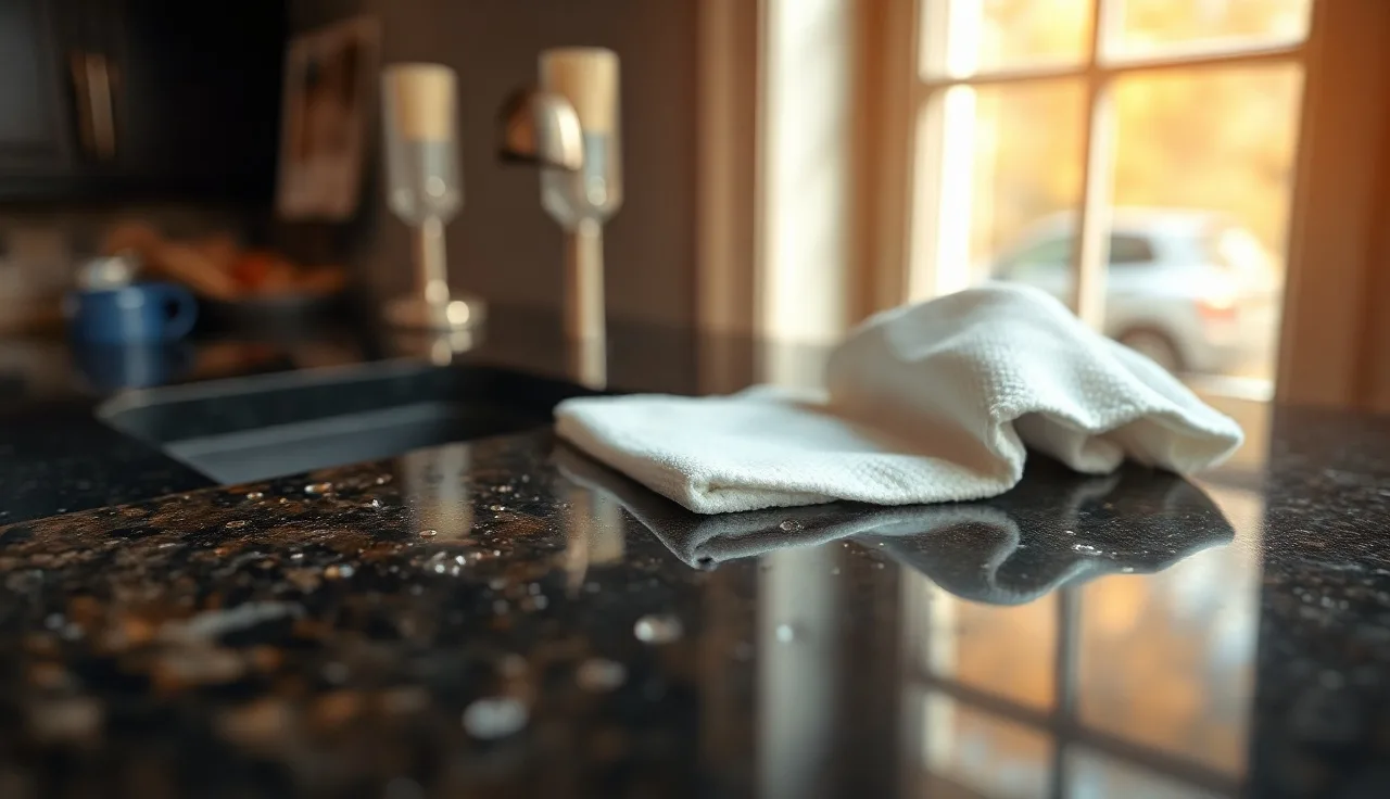 Microfiber cloth wiping a dark granite countertop with water beading on sealed stone