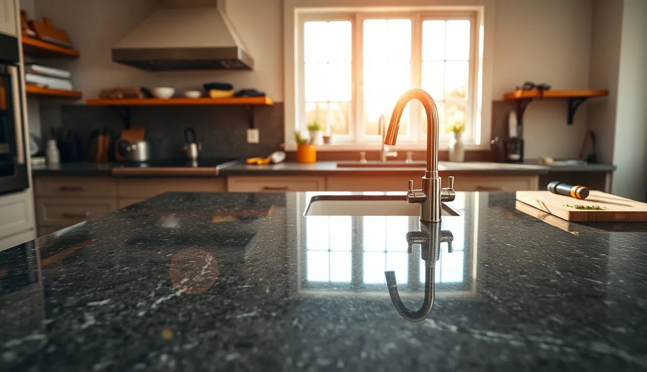 Polished dark granite countertops installed in a bright kitchen near a window