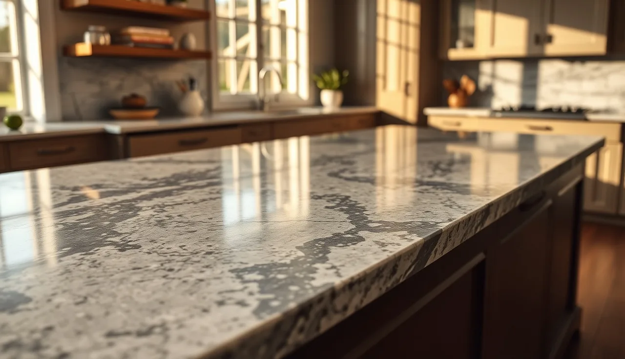 Polished granite kitchen island countertop with dramatic grey veining in afternoon light
