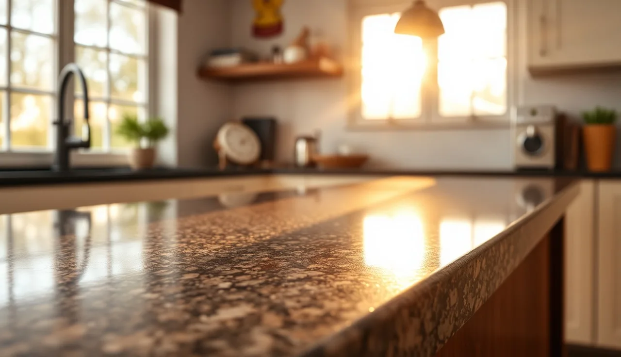 Polished dark granite countertop bullnose edge profile in natural kitchen light