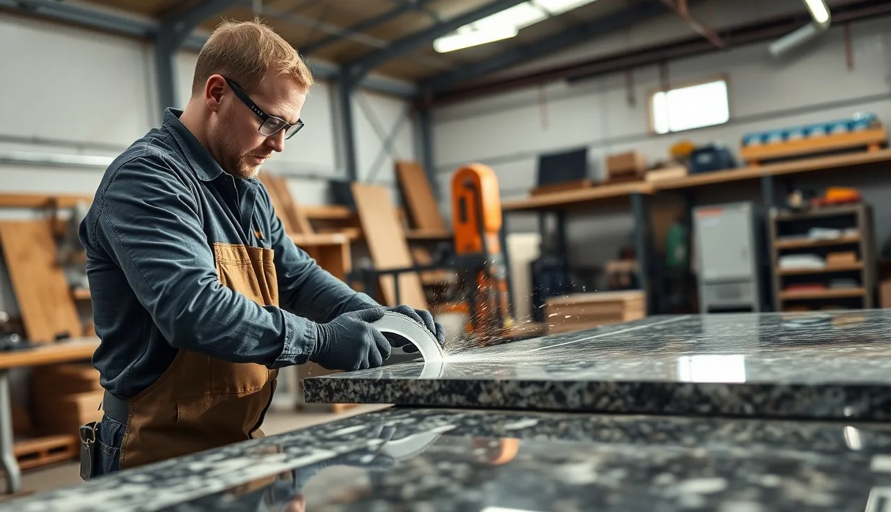 Fabricator cutting a large granite slab with a CNC bridge saw in a stone shop