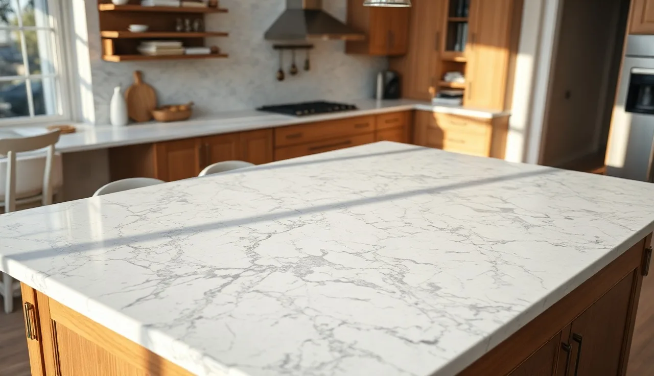 Polished white and gray veined granite kitchen island countertop in morning light