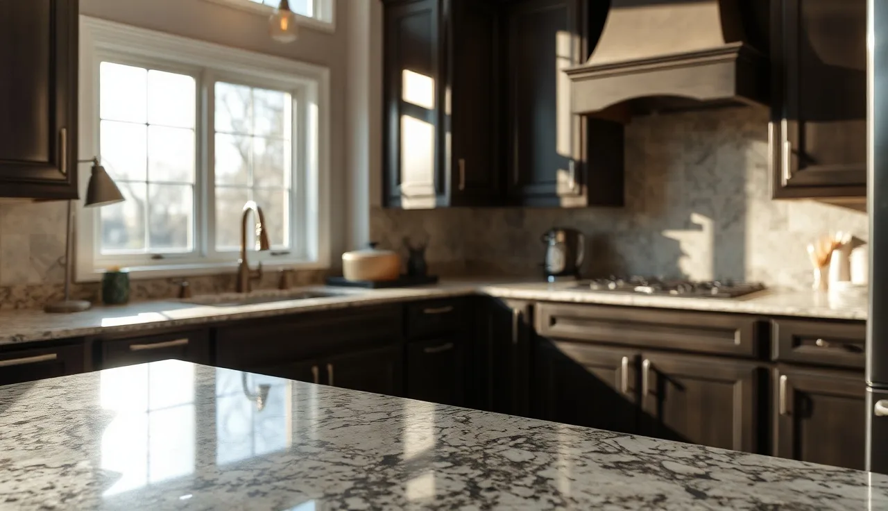 Polished granite countertop with natural veining in a Sterling Virginia kitchen