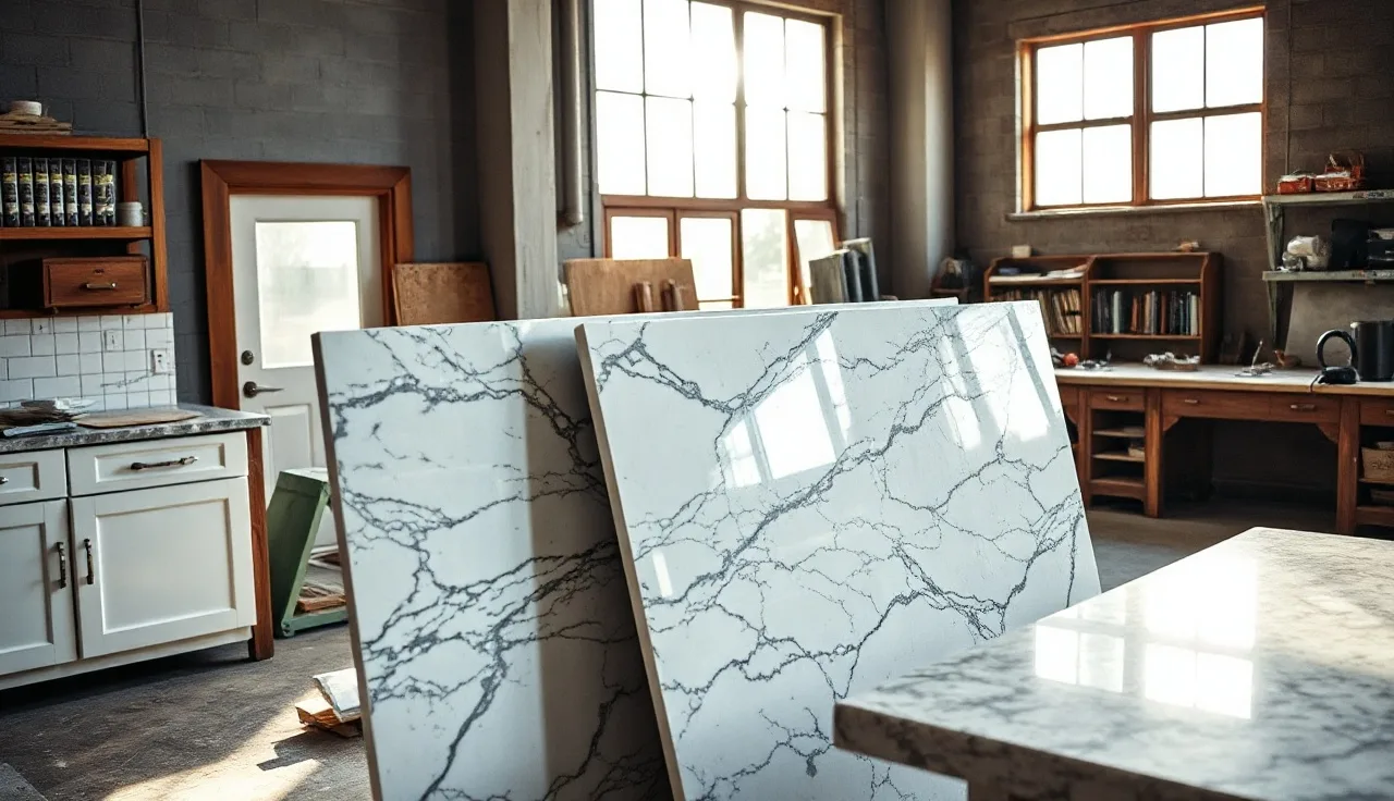Fabricator installing polished granite countertop slabs on kitchen cabinets in a workshop