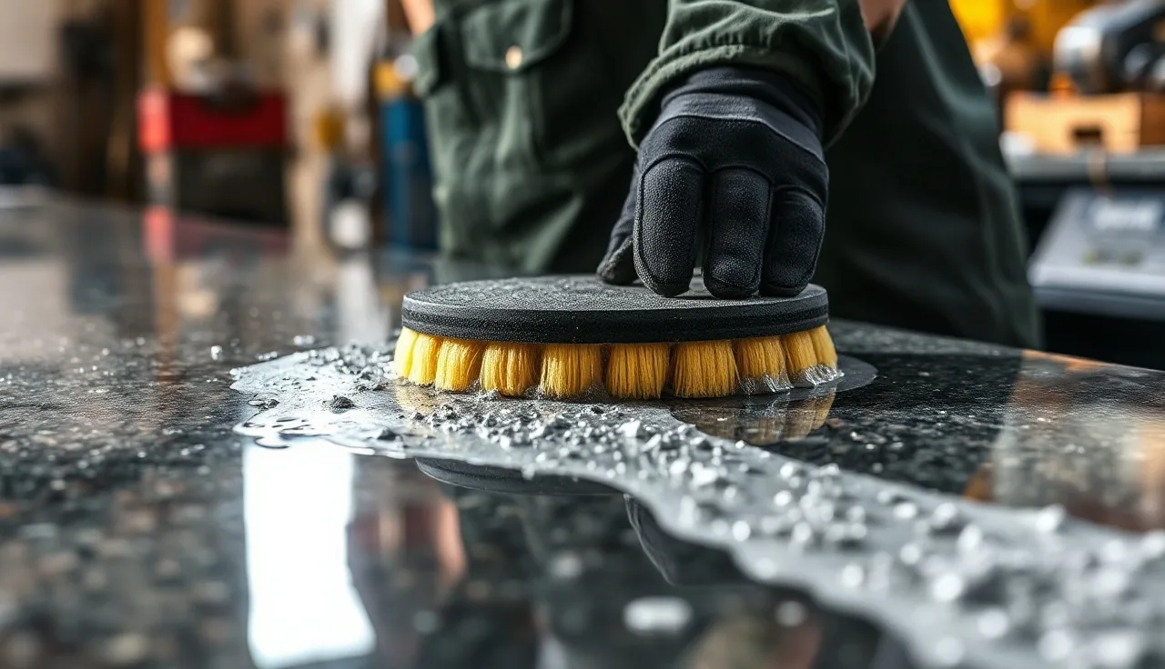 Fabricator polishing a dark granite countertop slab with a wet diamond pad