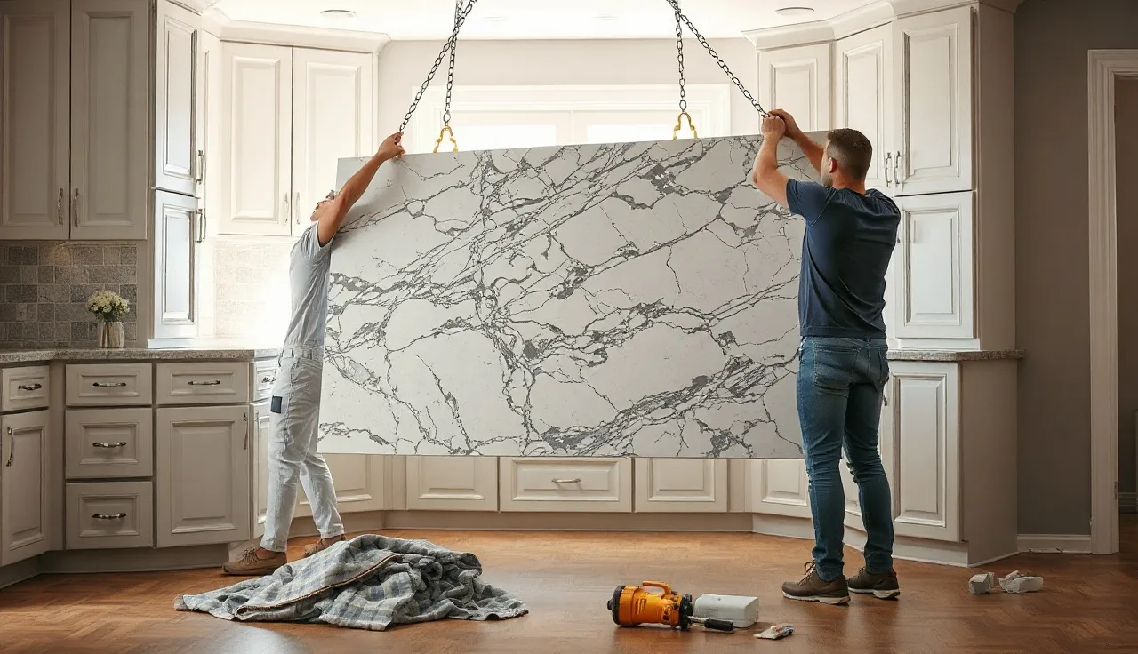 Two workers removing a heavy granite countertop slab from kitchen cabinets