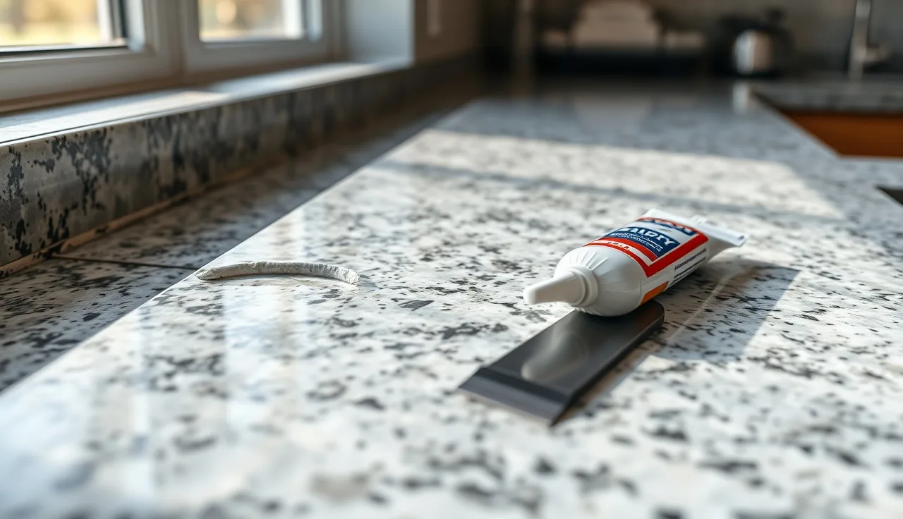 Gray granite countertop edge with a chip and stone epoxy repair tools nearby