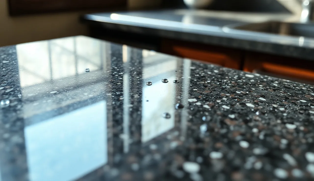 Water drops beading on a sealed dark granite kitchen countertop surface
