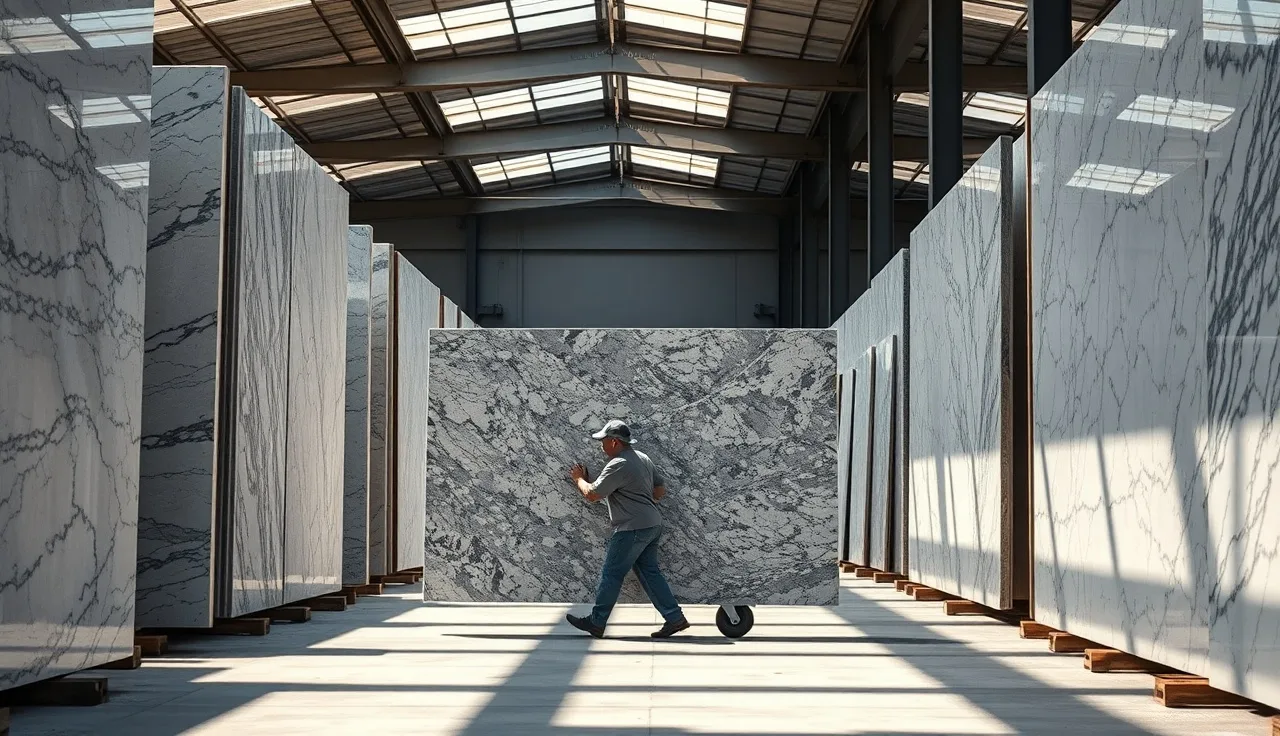Worker moving a large polished granite countertop slab through a stone yard