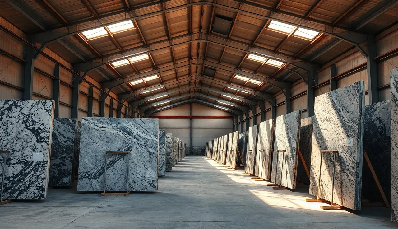 Rows of granite slabs in A-frame racks inside a stone warehouse