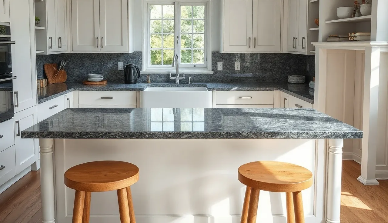 Polished dark grey granite kitchen island countertop in morning light