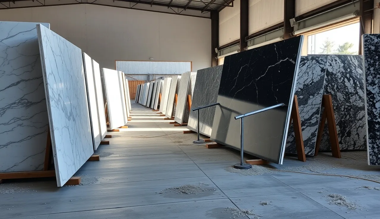 Granite slabs standing upright in a fabricator stone yard, morning light