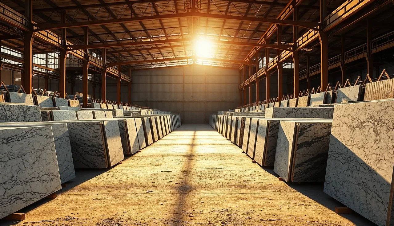 Rows of granite slabs stored vertically in a Houston stone distributor slab yard