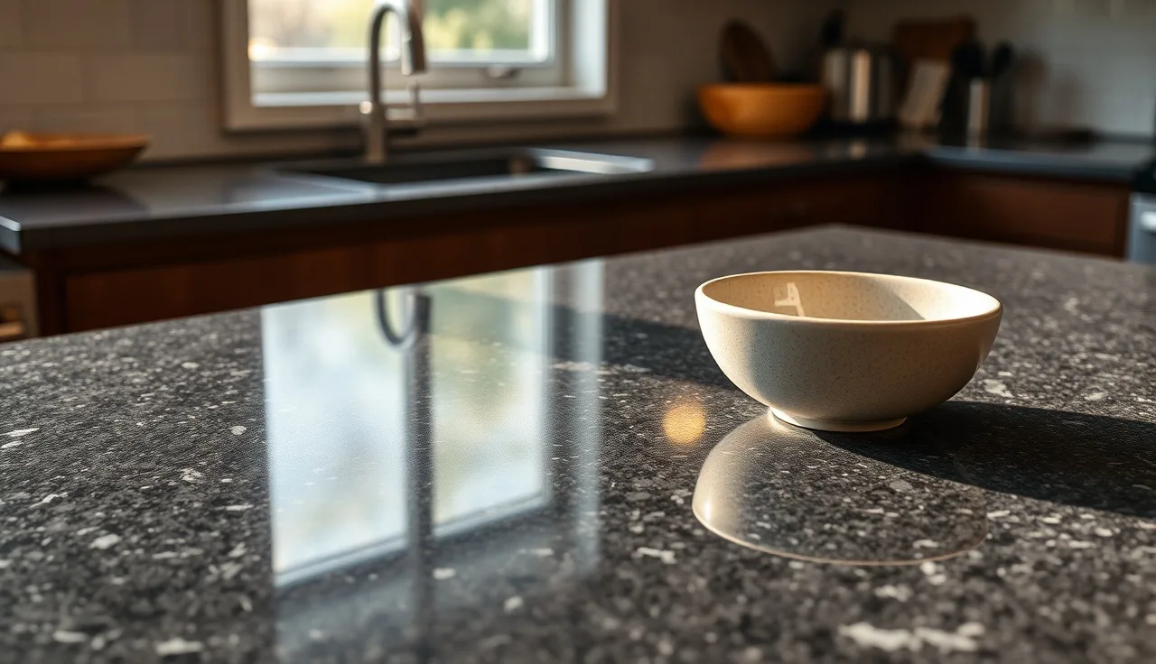 Polished dark granite kitchen countertop showing natural crystal grain in afternoon light