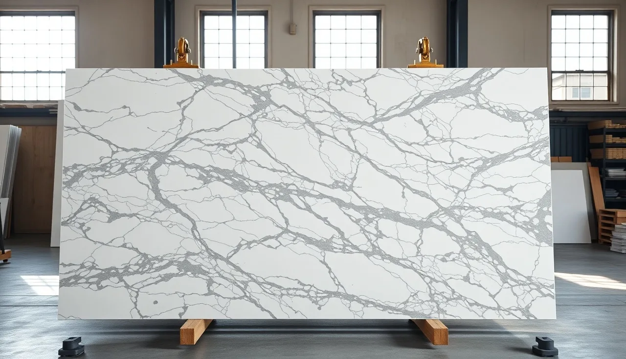 Large granite slab with white and gray veining in a fabrication shop