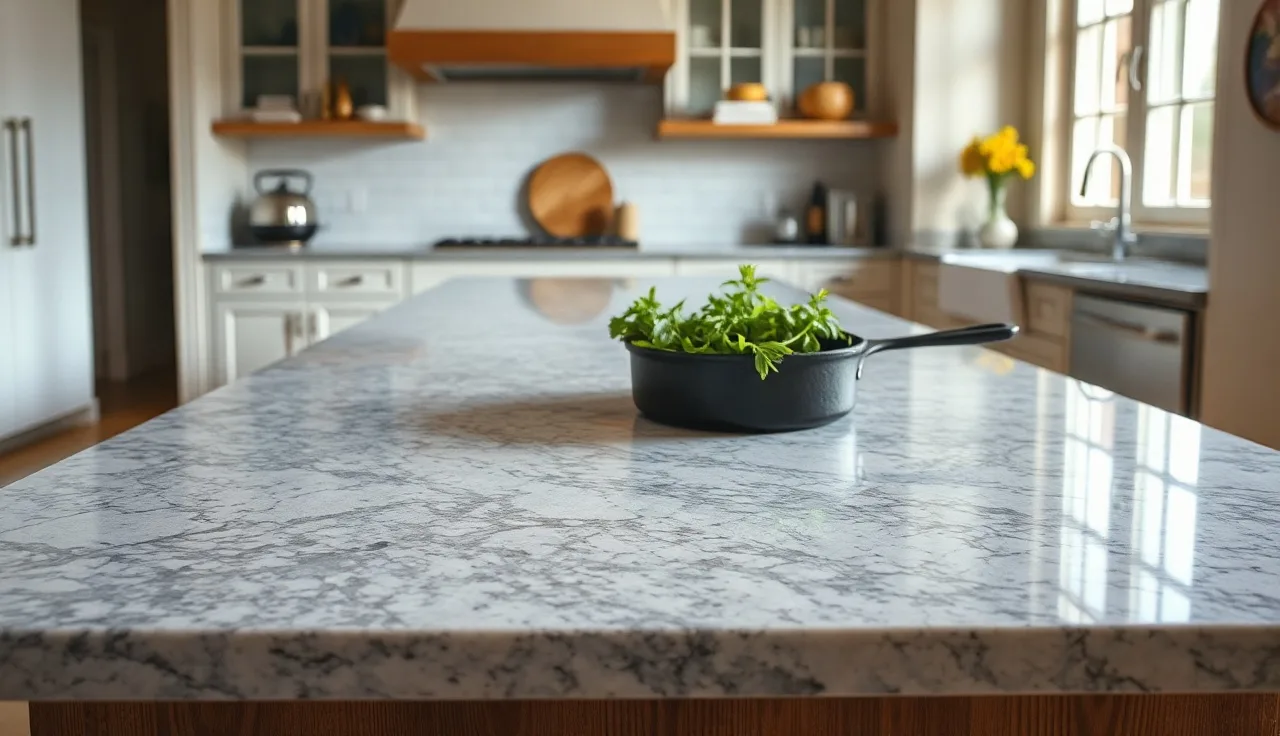 Polished granite kitchen countertop with natural morning light highlighting crystal texture