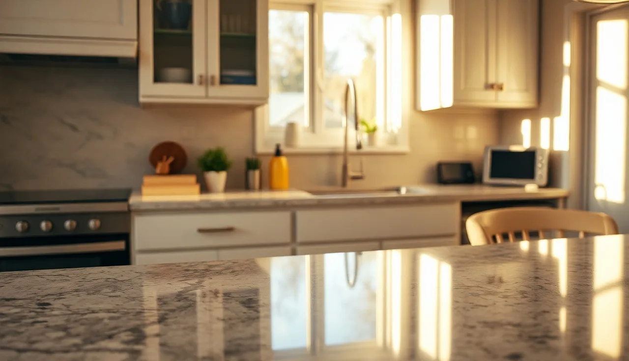 Polished granite kitchen countertop with warm afternoon light on stone surface