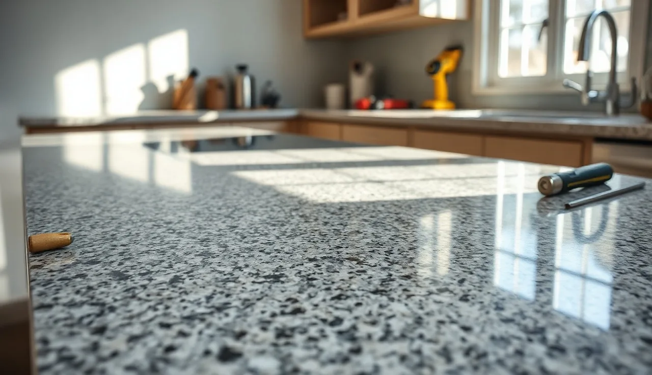 Polished gray granite countertop installed in a bright kitchen with morning light