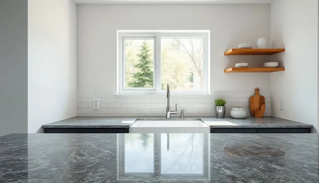 Gray granite countertop with white subway tile backsplash in a bright kitchen