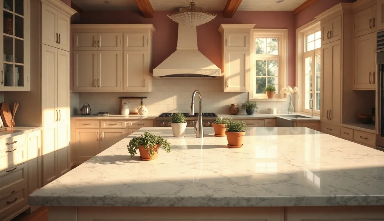 Polished white granite kitchen countertop on island with cream shaker cabinets