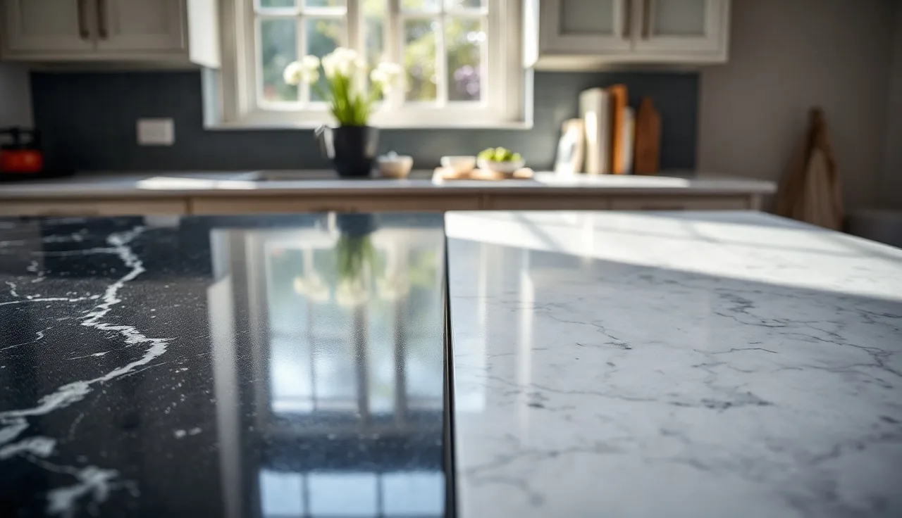 Close-up of granite and quartz countertop surfaces side by side in a kitchen