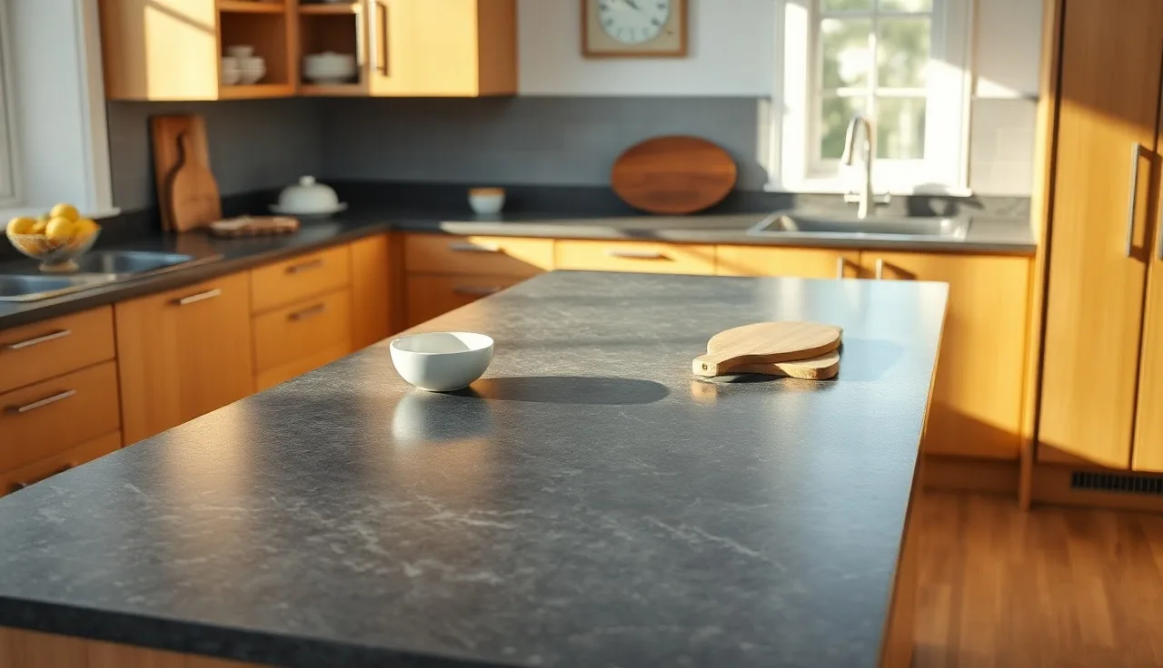 Polished dark gray granite countertop on a kitchen island with wood cabinets