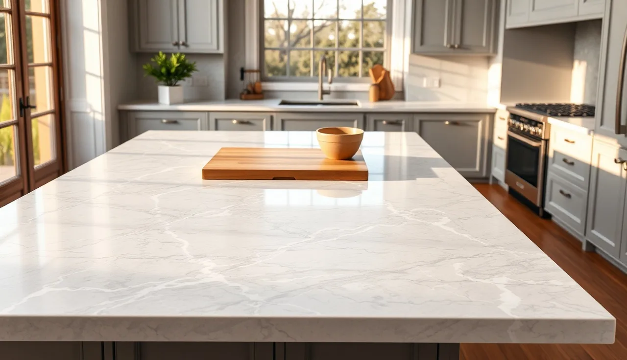 Gray marble countertop on a kitchen island with natural morning light