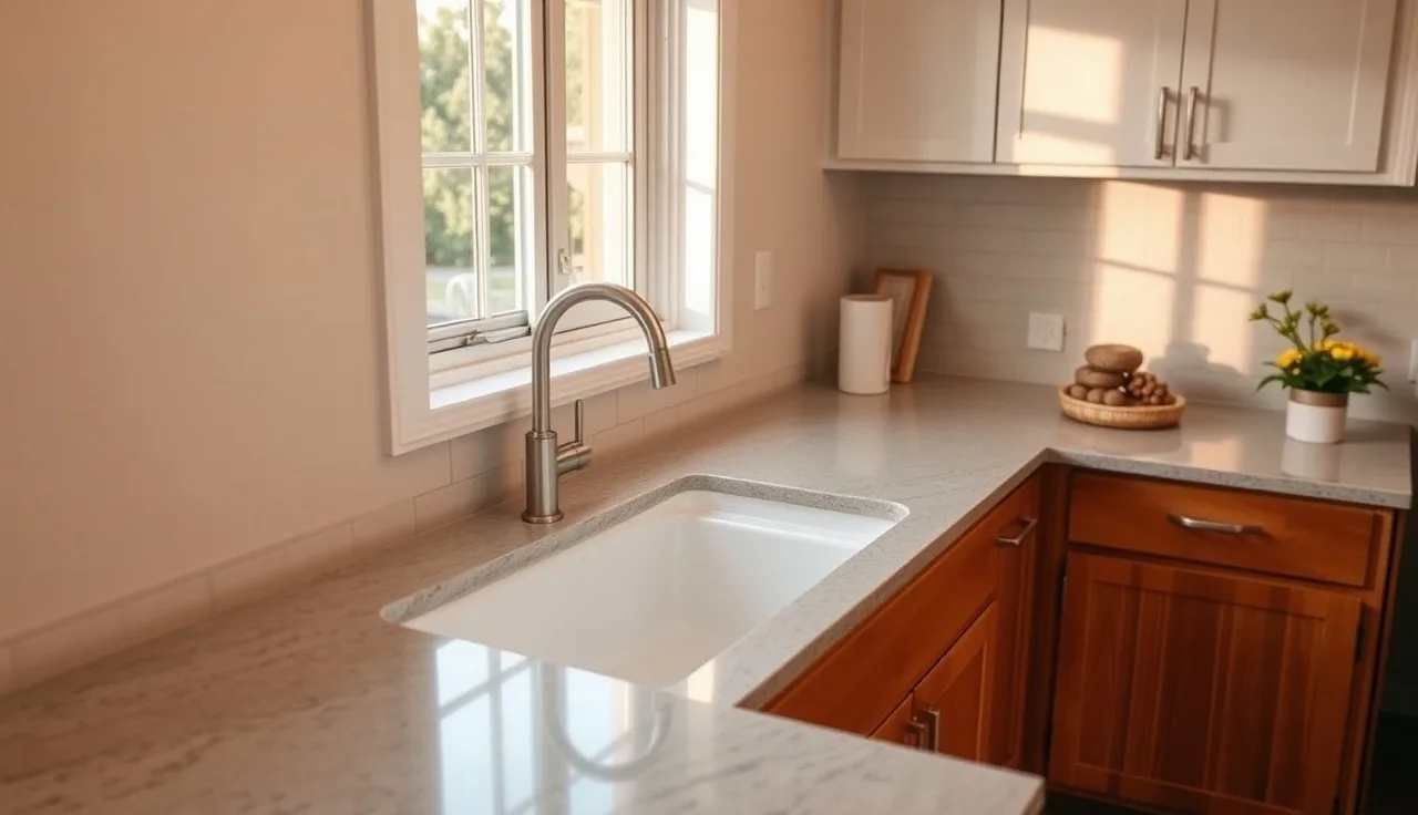 Gray quartz kitchen countertop with undermount sink in morning light