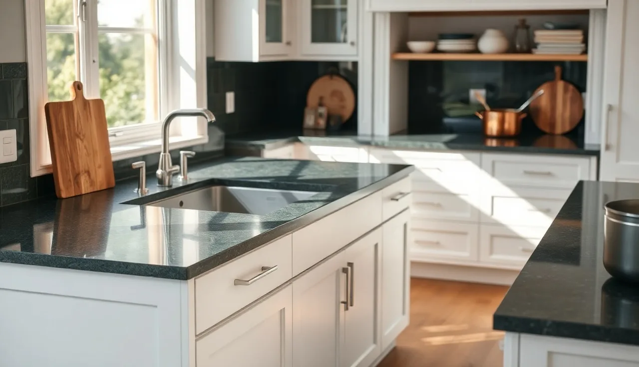 Polished green granite kitchen countertop on a white-cabinet island in morning light