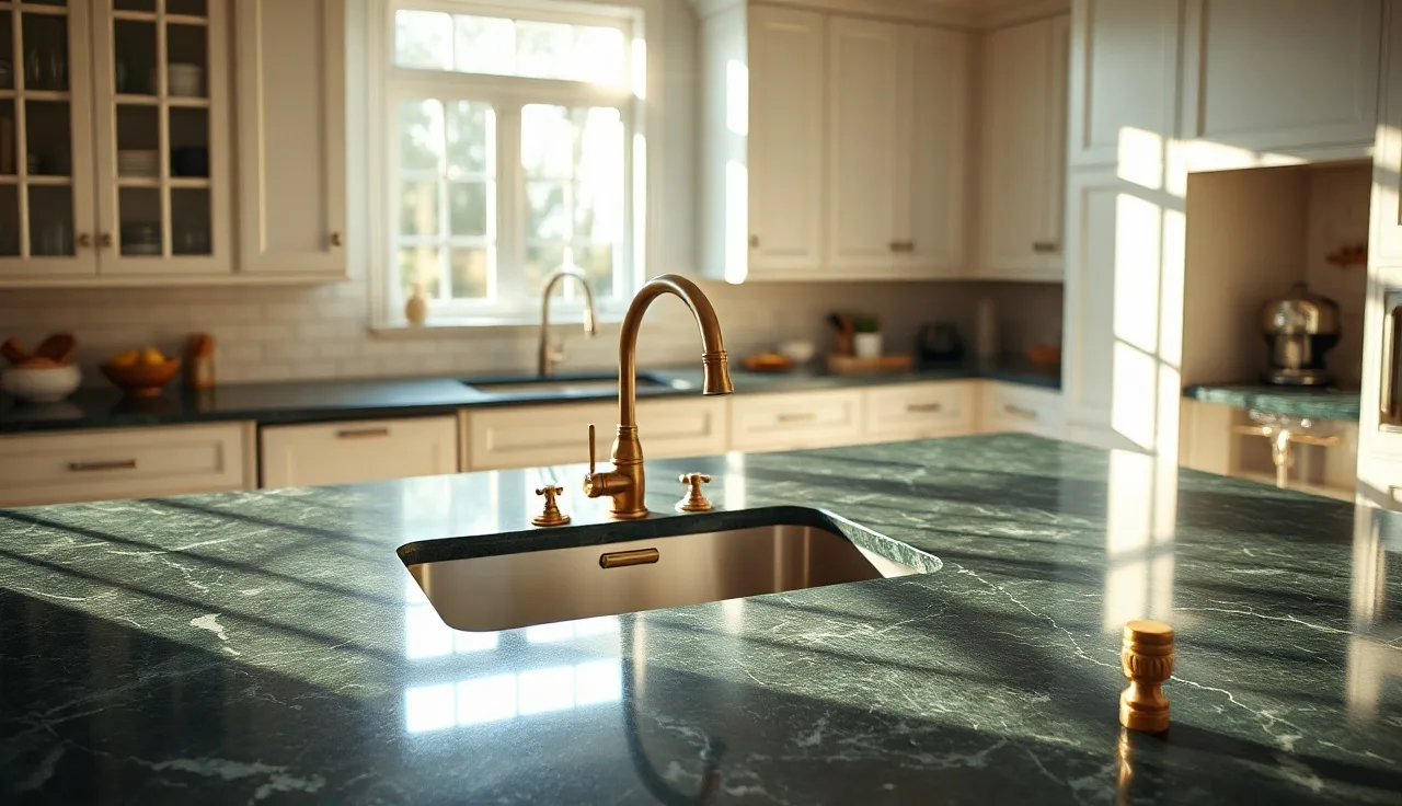 Kitchen island with deep green veined marble countertop in afternoon natural light