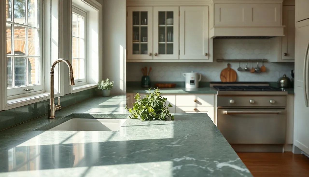 Sage green quartz countertop in a bright kitchen with white cabinets