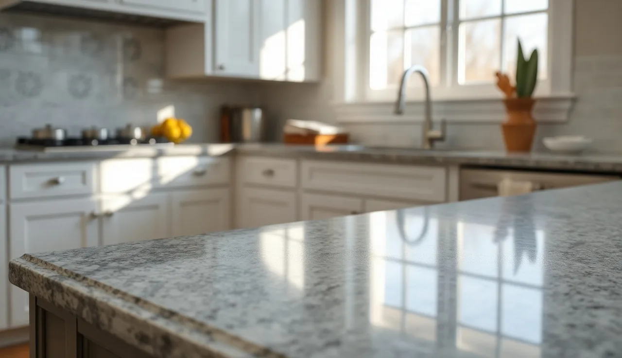 Grey granite countertop with cove dupont edge profile under warm afternoon light