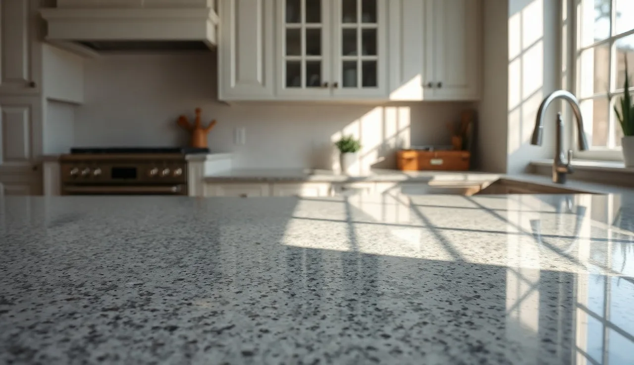 Polished grey granite countertop with crystal flecks under morning window light