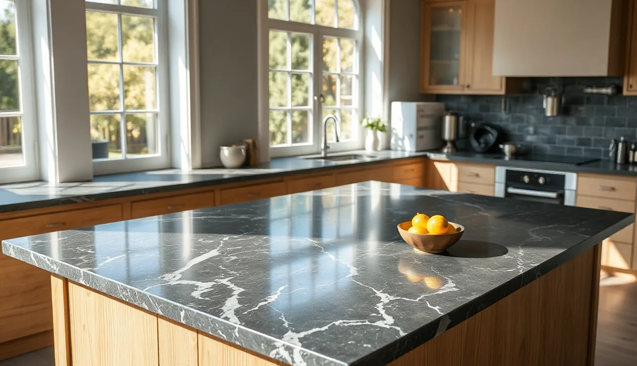 Honed dark grey marble kitchen island with white veining in morning light