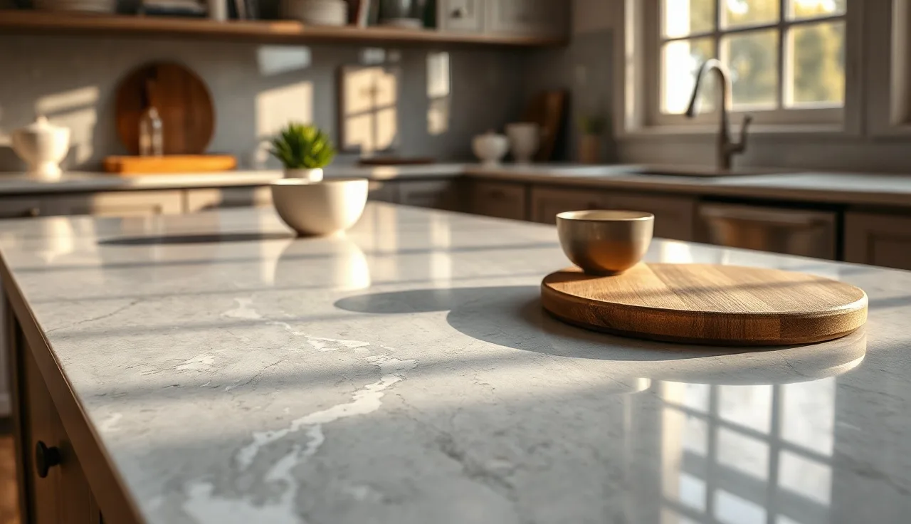 Polished grey quartz countertop with white veining in a sunlit kitchen