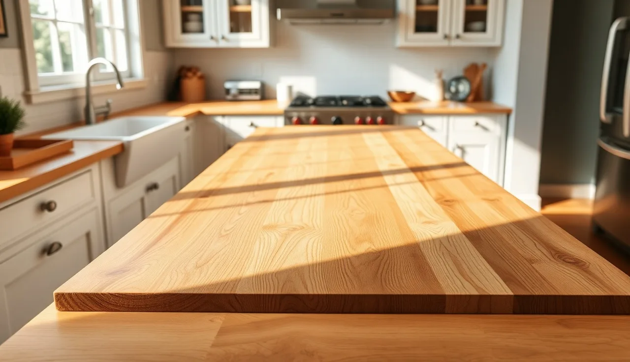 Oiled maple butcher block countertop on a kitchen island in warm afternoon light