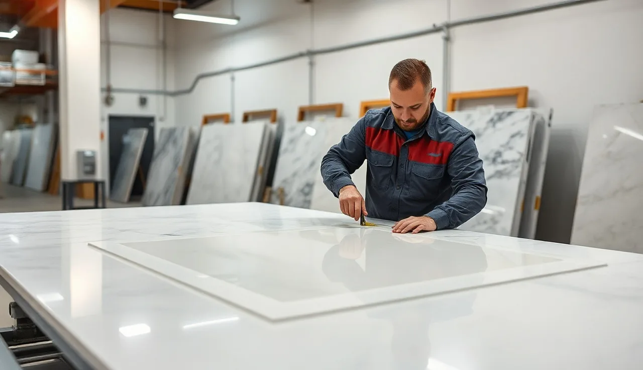 Fabricator measuring a white quartz slab on a CNC worktable in a stone shop
