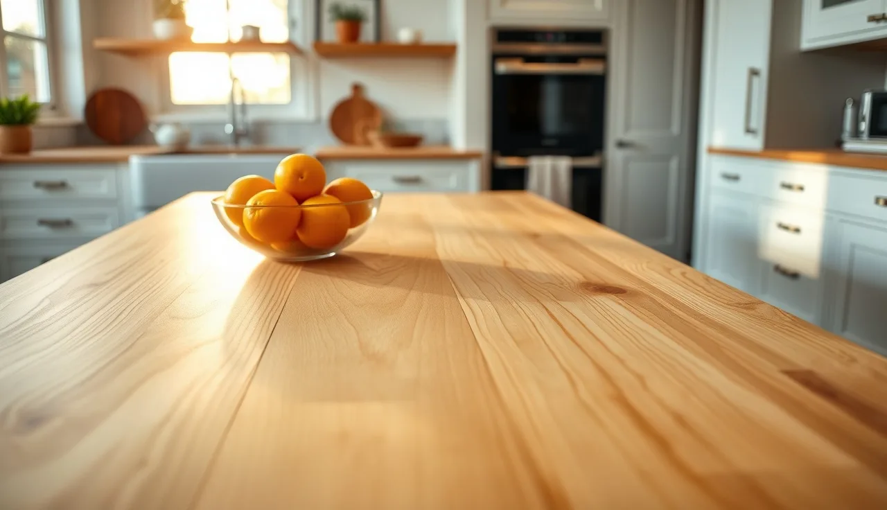 Hevea butcher block countertop on a kitchen island with oiled wood grain in afternoon light