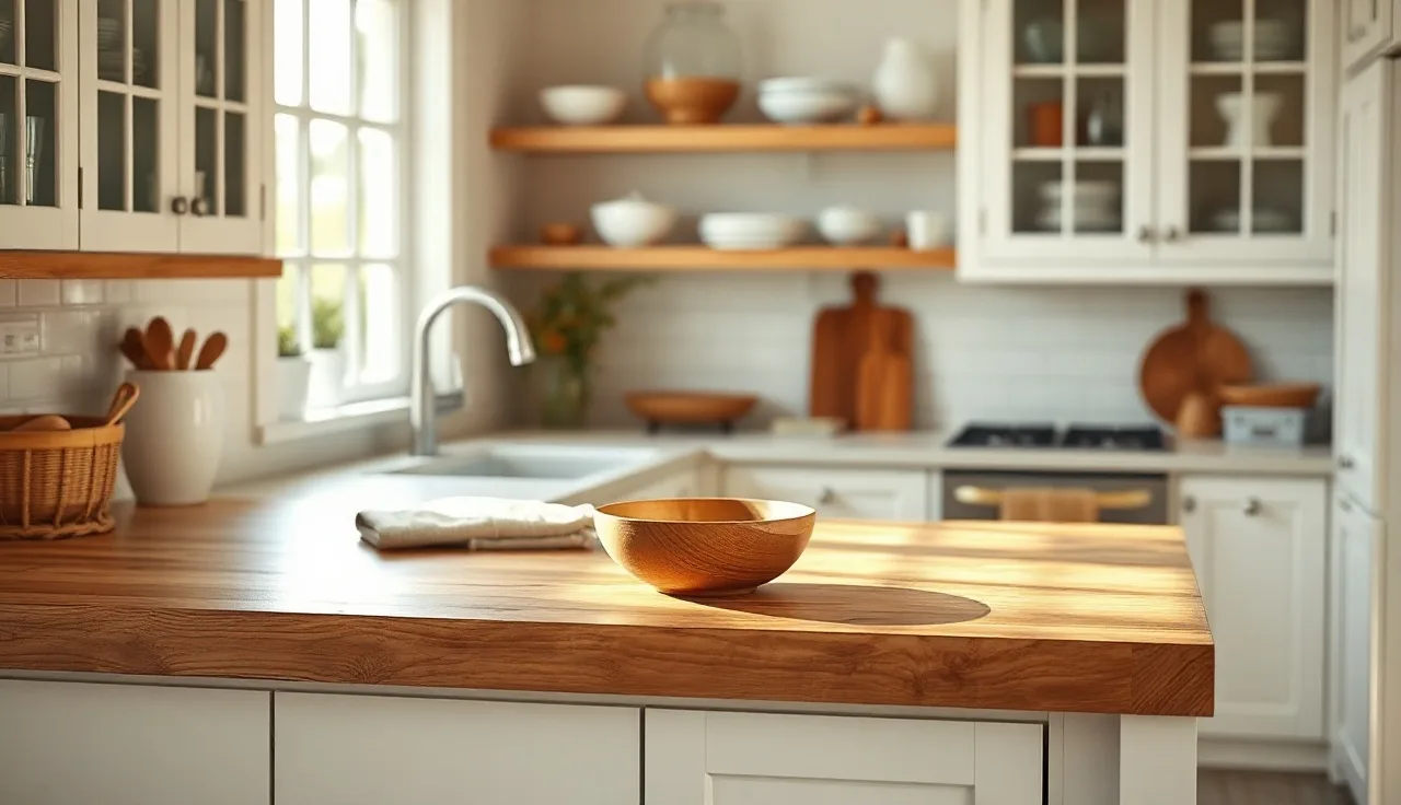 Maple butcher block countertop on white kitchen cabinets in morning light