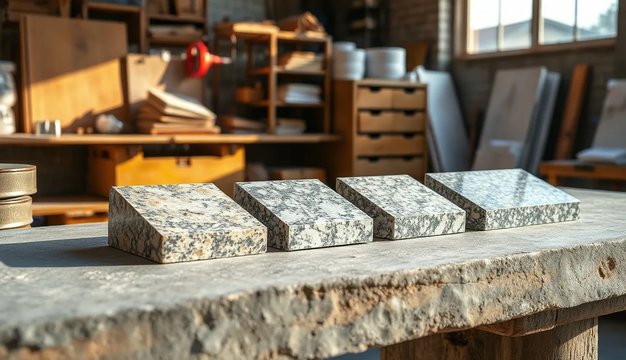 Five polished granite countertop edge profile samples arranged on a workshop bench