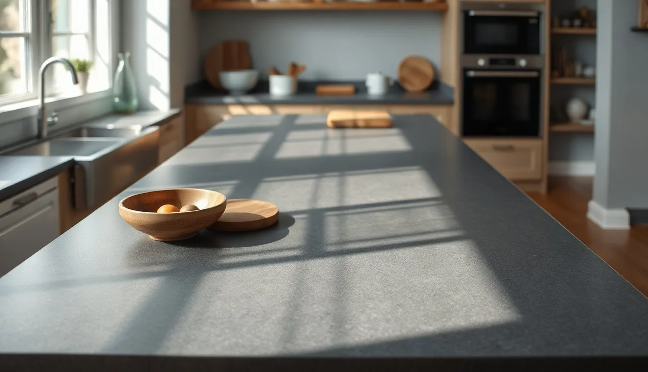 Matte honed dark granite kitchen island countertop in morning window light